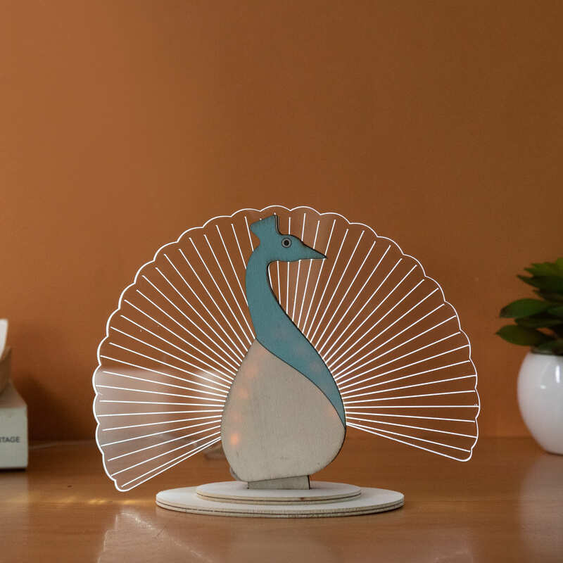 Playful Peacock Wooden Acrylic 3D Light