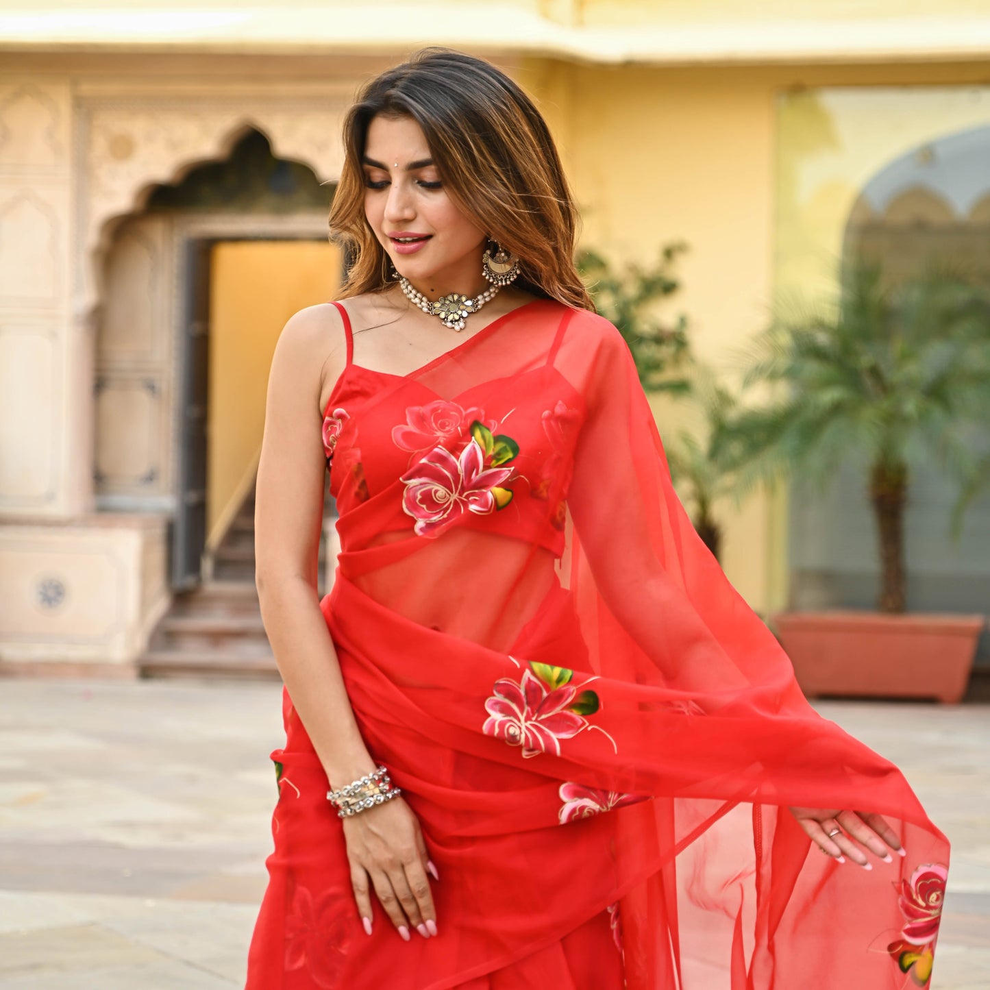 Bunaai Red Organza Handpainted Saree