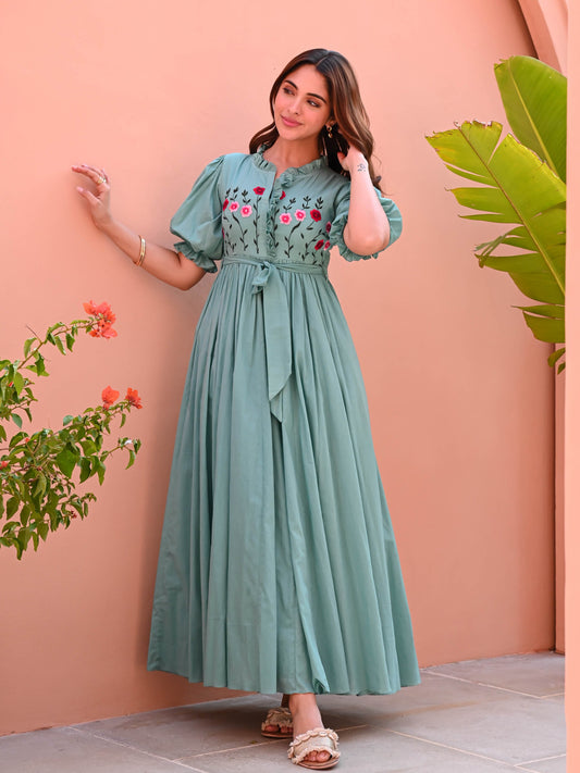Mint Embroidered Cotton Dress
