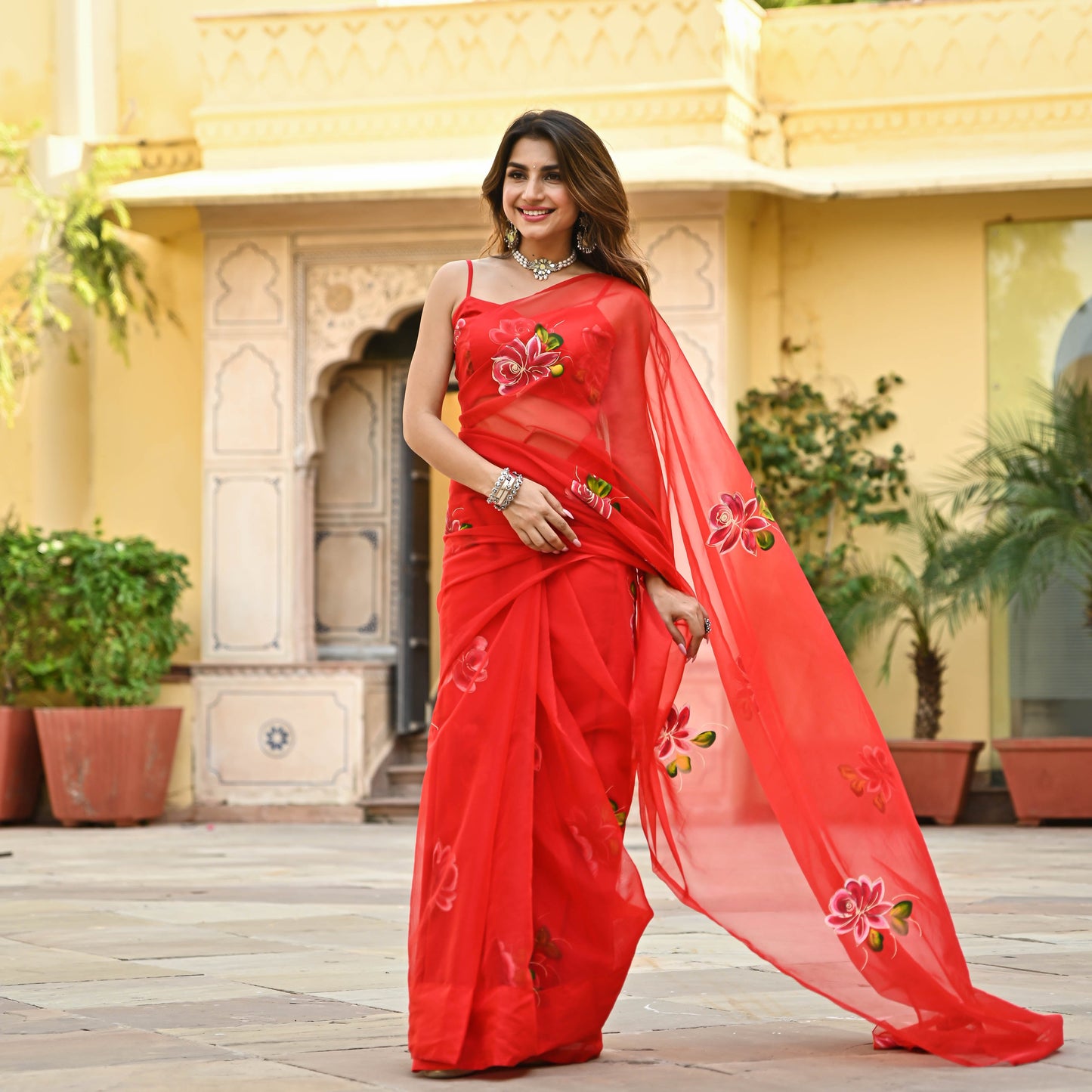 Bunaai Red Organza Handpainted Saree