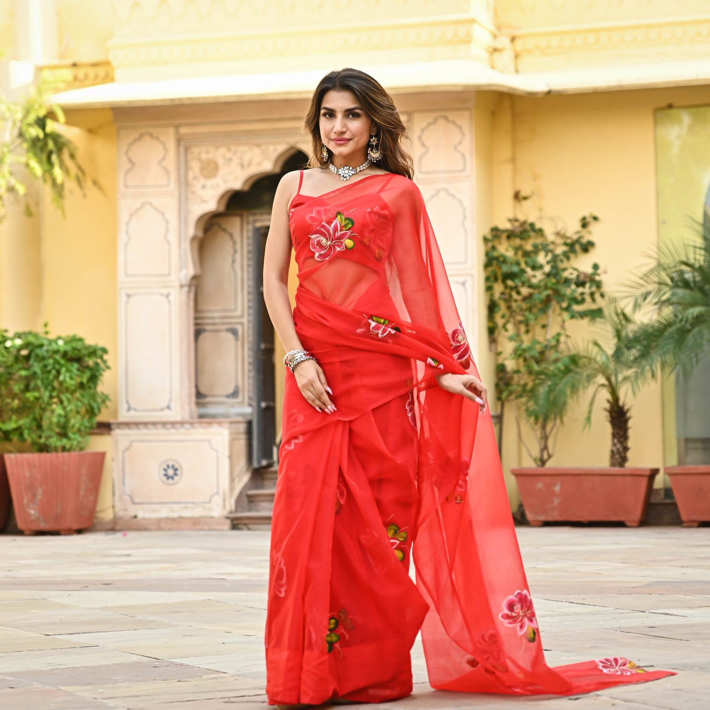 Bunaai Red Organza Handpainted Saree