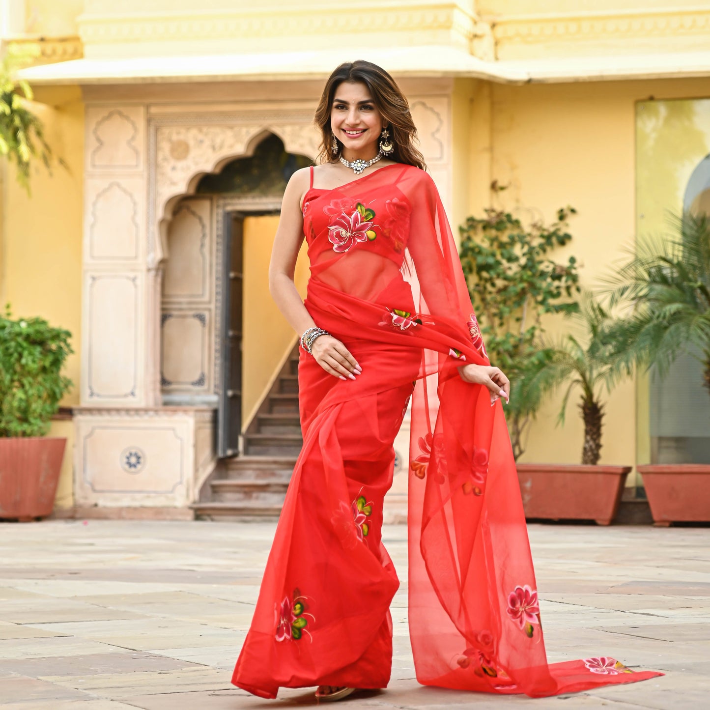 Bunaai Red Organza Handpainted Saree