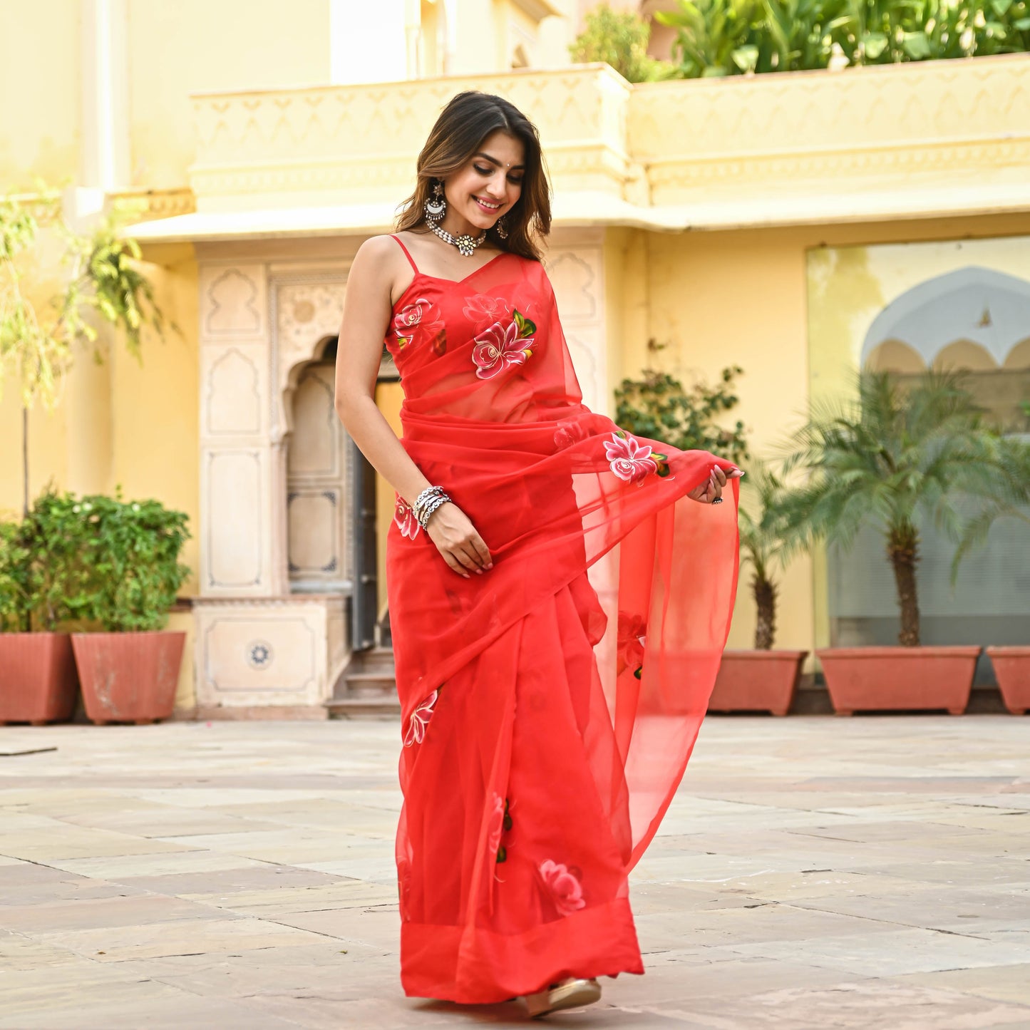 Bunaai Red Organza Handpainted Saree