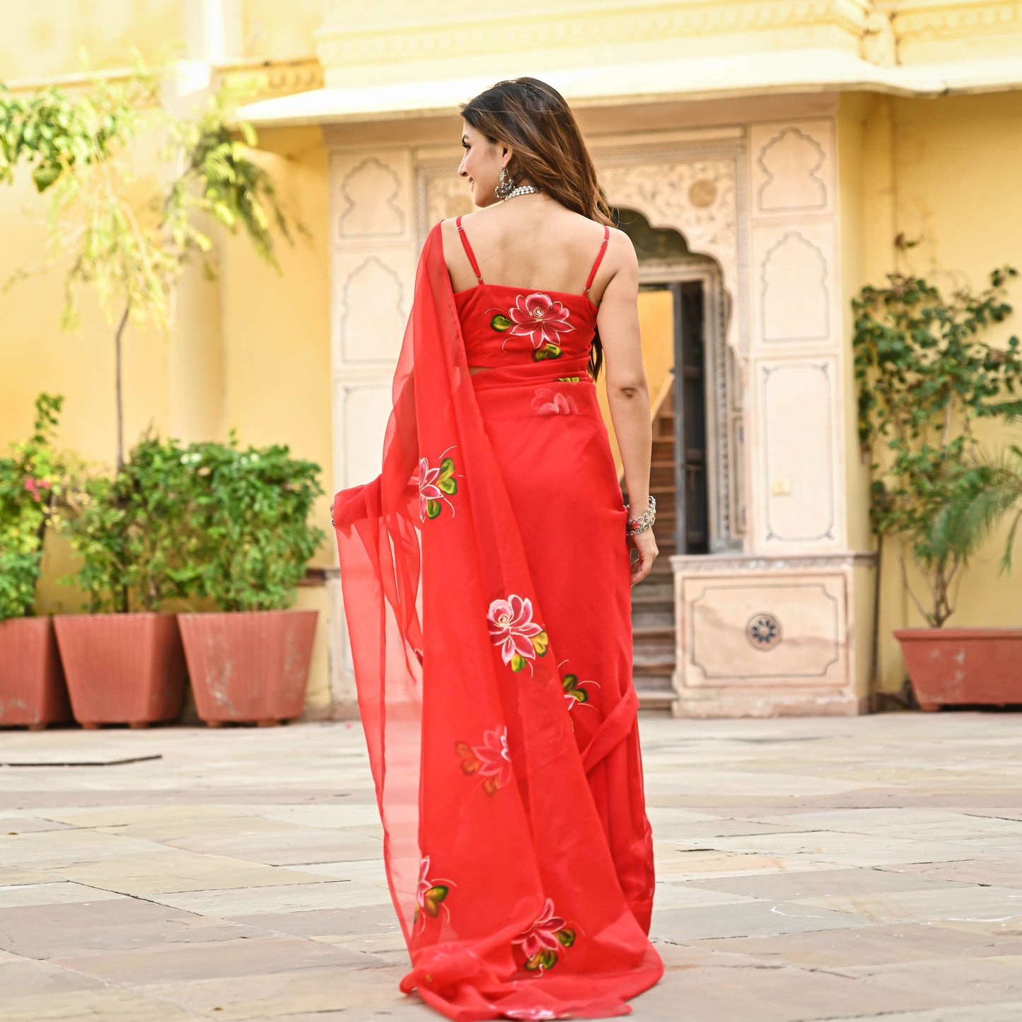 Bunaai Red Organza Handpainted Saree