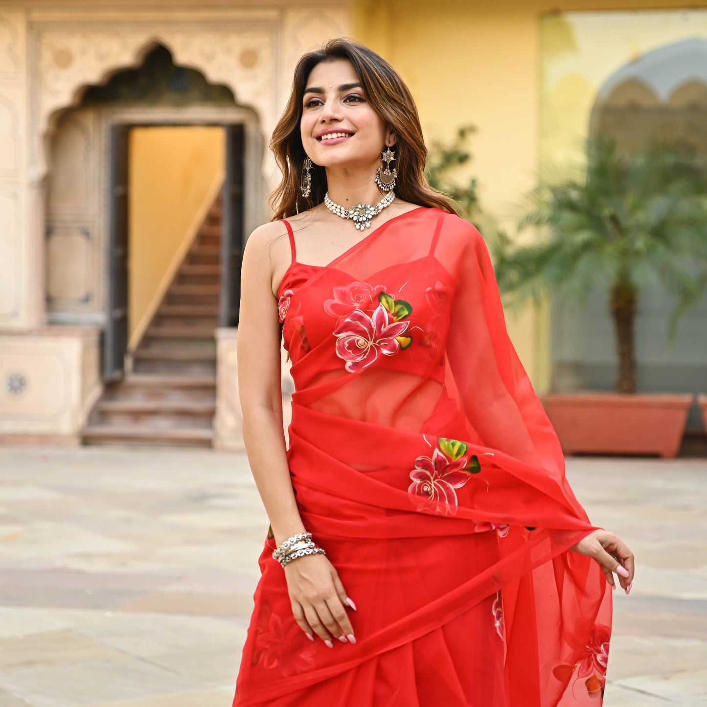 Bunaai Red Organza Handpainted Saree