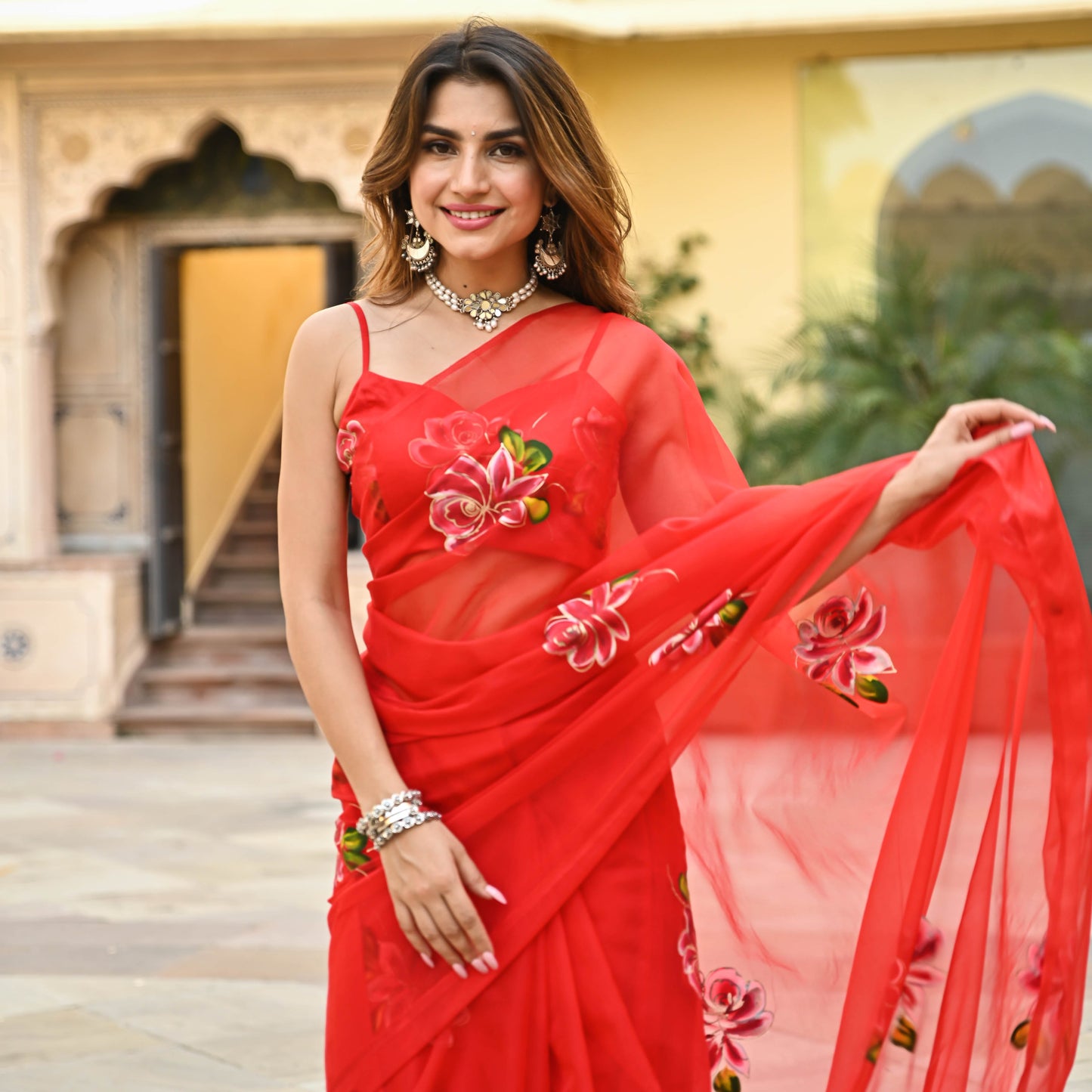 Bunaai Red Organza Handpainted Saree